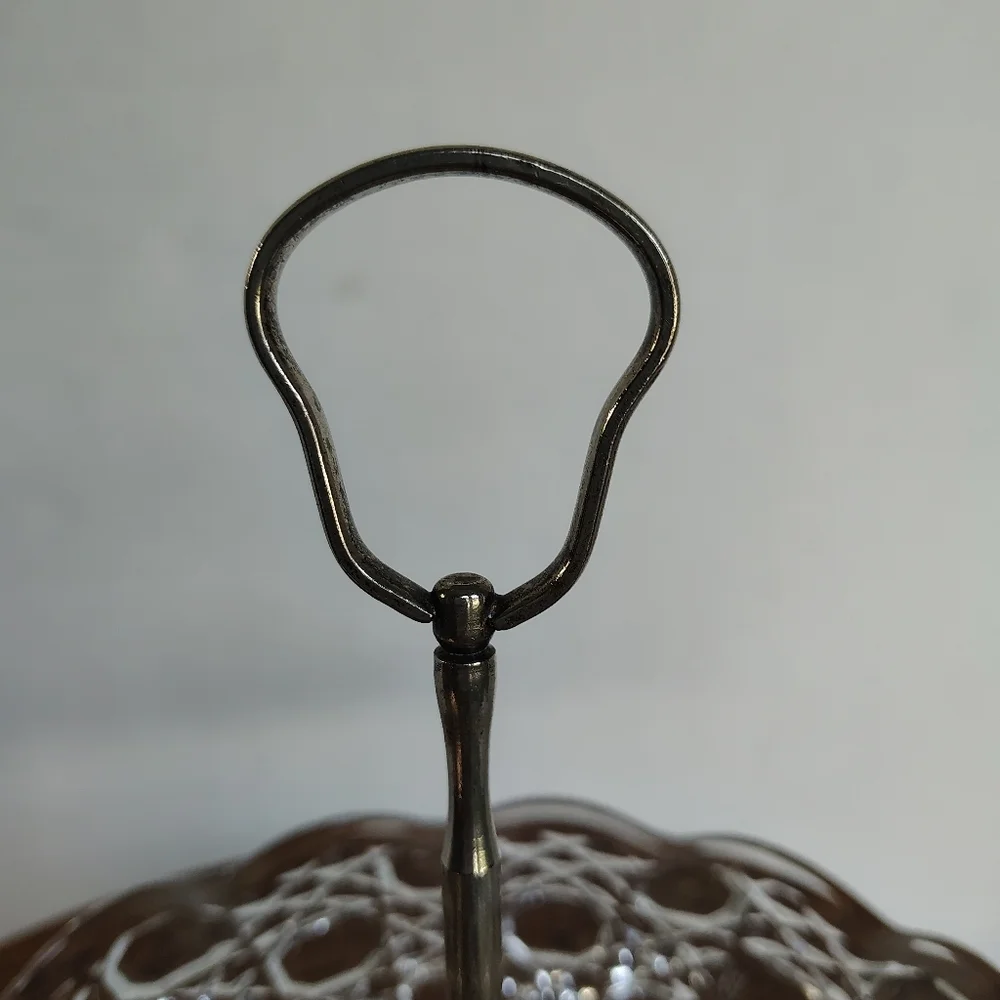 Glass Tidbit Tray Candy Dish W Silver Plated Handle England Jewelry Display Dish
